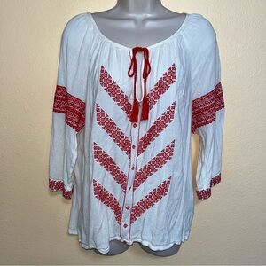 Lucky Brand sz M Embroidered Peasant Top Ukrainian Style Folk Art Embroidery
